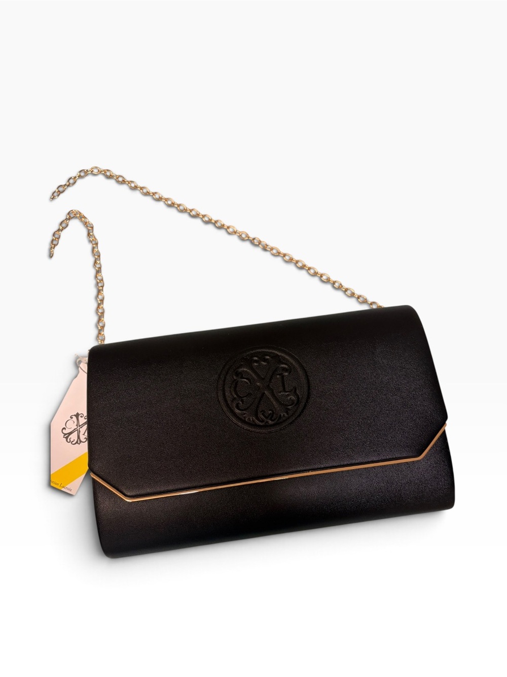 CXL By Christian LaCroix Black Embossed Logo Chain Madison Smooth Clutch Purse